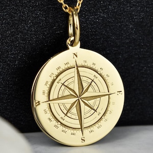14K massief gouden kompasketting, kompasroosmunt, sierlijke kompasbedel, aangepaste poolsterhanger, cadeau voor afgestudeerde, richting sieraden