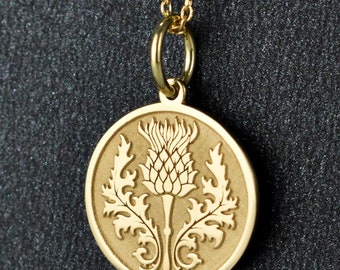 14K Solid Gold Thistle Necklace, Personalized Scottish Thistle Pendant, Flower Jewelry, Scotland&#39;s National Flower Medallion, Thistle Charm