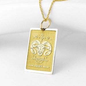14K echt massief gouden ram sterrenbeeld tarotketting, ram sterrenbeeld vierkante charme, tarot astrologie dierenriemhanger, maart april dierenriemsieraden