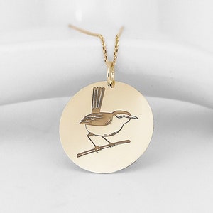 14K Real Solid Gold Wren Necklace, Gold Bird Coin Pendant, Personalized Wren Jewelry, Dainty Wren Bird Charm, Wren Jewelry, 14K Bird Pendant