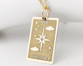 14K Real Solid Gold The Star Tarot Card Necklace, Gold Star Tarot Card Disc Pendant, Tarot Deck Charm, Tarot Reading The Star Gold Jewelry
