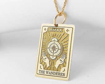 14K Gold The Wanderer, Travel Necklace, Gold Traveling Charm, Adventure Necklace, Tarot Card Pendant, Women Dainty Personalised Necklace