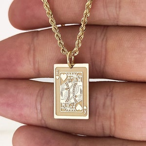Collar de cadena de cuerda de oro de 14 quilates con el Rey de Corazones, colgante de naipe del Rey, collar de póker, collar de Blackjack, amuleto de la carta de la suerte del Rey, regalo del Rey