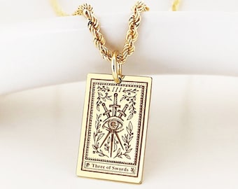 14K Gold Three of Swords Tarot Card Necklace, Dainty Tarot Card Pendant, Minor Arcana Tarot Card Charm, Protection Healing Tarot Card Charm