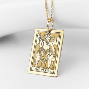 14K massief goud de duivel tarotkaarthanger, occulte tarotkaartketting, echt gouden duivel tarotbedel, grote arcana tarotkaart cadeau ketting