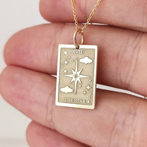 14K Solid Gold The Star Tarot Card Necklace, Gold Rectangle The Star Tarot Charm, Spiritual Tarot Card Pendant, Major Arcana Deck Jewelry image 1