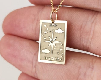 14K Solid Gold The Star Tarot Card Necklace, Gold Rectangle The Star Tarot Charm, Spiritual Tarot Card Pendant, Major Arcana Deck Jewelry