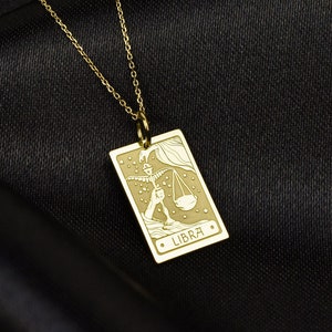 14K Solid Gold Libra Zodiac Sign Necklace, Rectangle Zodiac Sign Pendant, Personalized Libra Jewelry, Astro Sign Charm, Zodiac Birthday Gift