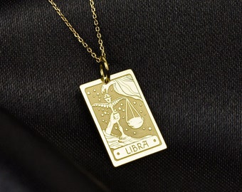 14K Solid Gold Libra Zodiac Sign Necklace, Rectangle Zodiac Sign Pendant, Personalized Libra Jewelry, Astro Sign Charm, Zodiac Birthday Gift