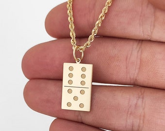 14K Gold Dominoes Tile Rope Chain Necklace, Dainty Domino Game Pendant, Gold Disc Dominoes Charm, Personalized Domino Family Game Jewelry