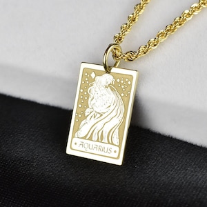 Pendentif carte de tarot Verseau en or 14 carats, collier signe du zodiaque Verseau, bijoux signe du zodiaque femme, breloque disque Verseau en or, cadeau Verseau