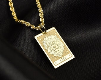 14K Gold Leo Sign Tarot Card Pendant, Zodiac Sign Necklace, Personalized Leo Sign Jewelry, Astrology Tarot Card Charm, Zodiac Birthday Gift