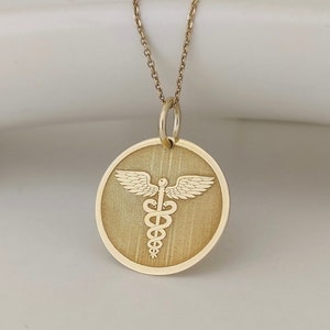 14K Real Solid Gold Medic Necklace, Caduceus Symbol Pendant, Rod of Asclepius Jewelry, Medical Alert Charm, Nurse Graduation Gold Necklace