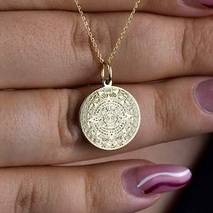 14K Real Gold Mayan Calendar Necklace, Gold Aztec Calendar Coin, Mexican Native Jewelry, Personalized Aztec Gift, Mayan Gold Disc Pendant