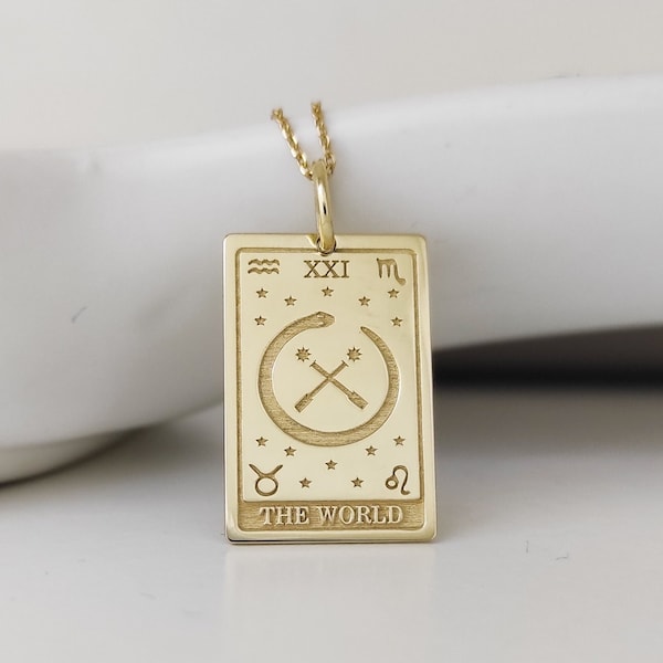 14K Gold The World Tarot Pendant, Fortune Telling Charm, Witchy Jewelry, Tarot Jewelry, Personalized Gift, Antique Charm, Women Dainty Charm