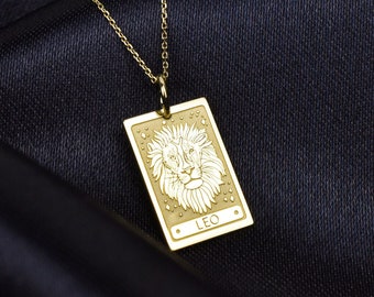 Collier signe du zodiaque Lion en or massif 14 carats, bijoux personnalisés signe du Lion, cadeau d'anniversaire Lion, pendentif signe du zodiaque, breloque horoscope Lion en or