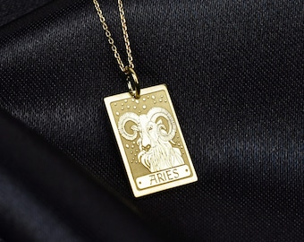 Colar com pingente do signo de Áries em ouro maciço 14K, berloque dourado de Áries, presente astrológico, presente para quem ama o signo de Áries, presente do zodíaco.