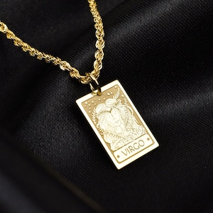 Pendentif carte de tarot Vierge en or 14 carats, collier signe du zodiaque, bijoux femme Vierge, collier Vierge en or, breloque signe astrologique, signe astrologique Vierge