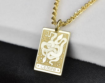 14K Solid Gold Gemini Zodiac Sign Tarot Card Necklace, Gemini Pendant, Dainty Zodiac Sign Charm, Personalized Gemini Jewelry, Zodiac Gift