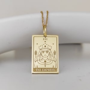 14K Gold The Empress Tarot Card Pendant, Tarot Jewelry, Tarot Deck Charm, Personalized Necklace, Gold Rectangular Charm, Witch Gold Necklace