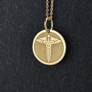 14K Solid Gold Caduceus Necklace, Medical Symbol Medallion, Personalized Medic Pendant, Round The Caduceus Coin, Caduceus Charm for Doctor