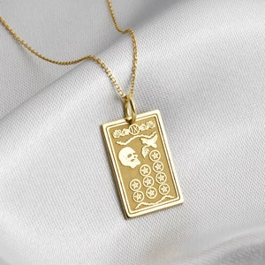 Collar de oro macizo de 14 quilates con la carta del tarot del nueve de pentáculos, joyería con la carta del tarot del nueve de pentáculos, dije personalizado con la carta del tarot, colgante de adivinación