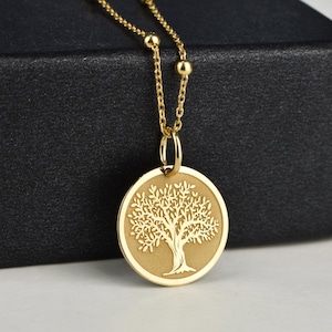 14K Solid Gold Tree of Life Necklace, Dainty Tree Pendant, Personalized Tree Jewelry, Tree Gold Coin, Tree Medallion, Women Gold Necklace