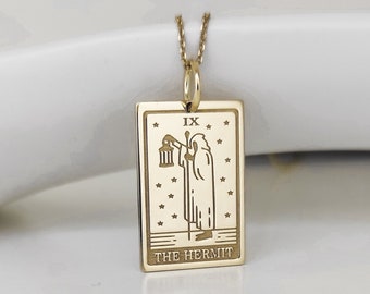 14K Gold The Hermit Tarot Card Pendant, Spititual Necklace, Personalized Pendant, Tarot Card Jewelry, Women Dainty Charm, Witch Gold Pendant