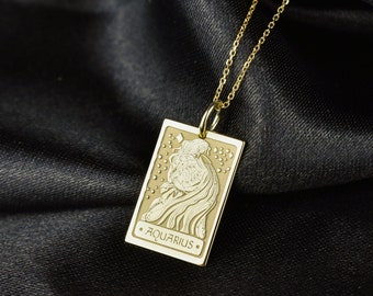 14K Solid Gold Aquarius Zodiac Sign Necklace, Astrology Sign Pendant, Aquarius Amulet, Aquarius Birthday Gift, 14K Gold Aquarius Charm
