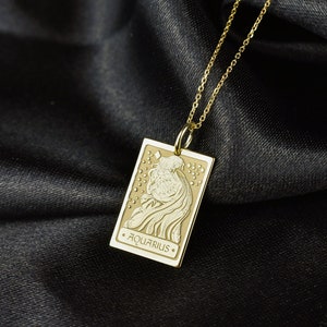 14K Solid Gold Aquarius Zodiac Sign Necklace, Astrology Sign Pendant, Aquarius Amulet, Aquarius Birthday Gift, 14K Gold Aquarius Charm