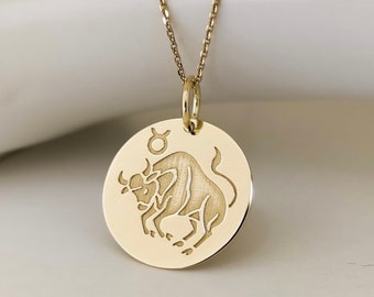 Collar de Tauro en oro de 14 quilates, collar astrológico, colgante de horóscopo, collar de toro, dije de signo del zodíaco, collar de capas de oro, regalo de cumpleaños de mayo