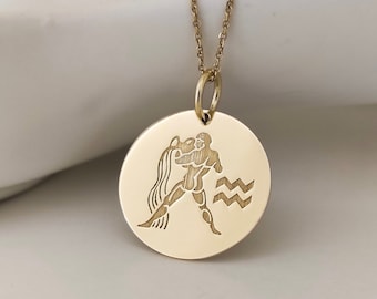 14K Gold Aquarius Necklace, Aquarius Gold Jewelry, Zodiac Sign Pendant, Gold Zodiac Jewelry, Personalized Zodiac Necklace, Women Gold Charm