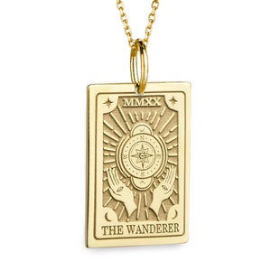 14K massief goud The Wanderer-ketting, sierlijke avonturier charme, tarotkaart sieraden, spiritueel cadeau, aangepaste reisamulet, reizende hanger