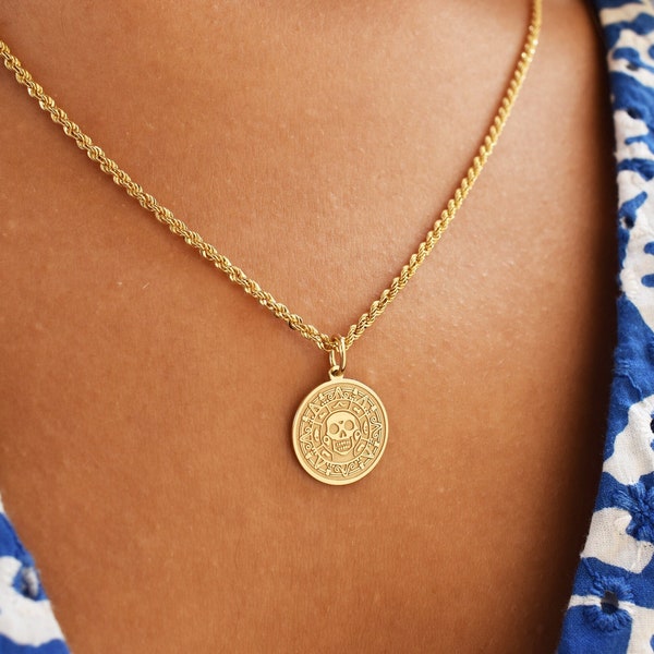 14K Gold Pirate Coin Rope Chain Necklace, Cursed Aztec Charm, Caribbean Pirates Pendant, Pirate Treasure Jewelry, Personalized Pirate Gift