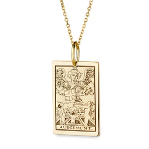 Collar de Carta del Tarot del Juicio en Oro de 14 K, Joya de Carta del Tarot Rectangular, Collar de Oro en Capas para Mujer, Colgante de Arcanos Mayores, Disco de Oro Wiccan