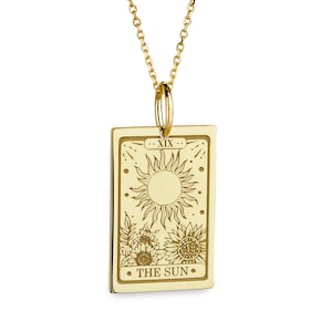 Collar de oro de 14 quilates con la carta del Tarot del Sol para mujer, delicado colgante de girasol, joyería personalizada del Sol, dije de oro con la carta del Tarot del Sol, regalo wiccano