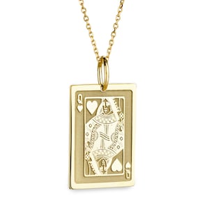 Collier reine de coeur en or 14 carats, pendentif délicat reine de cartes à jouer, breloque jeu de cartes personnalisées, collier porte-bonheur, pendentif personnalisé