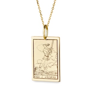 14K Solid Gold Page of Swords Tarot Card Necklace, Dainty Minor Arcana Tarot Card Jewelry, Witch Pendant, Tarot Deck Necklace, Fortune Tell