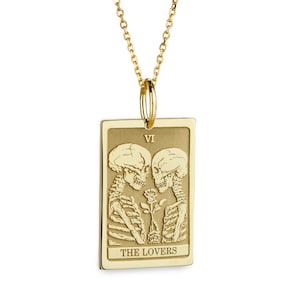 Collana con tarocchi degli amanti in oro 14 carati per donna, ciondolo con scheletro d'amore in oro, regalo personalizzato per fidanzata, regalo con tarocchi