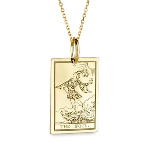 Collier de cartes de tarot L'imbécile en or 14 carats pour femme, pendentif carte de tarot jeu des arcanes majeurs, pendentif magicien, breloque mort, breloque force