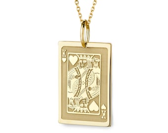 14K Gold King of Hearts Playing Card Necklace For Men & Women, King Lucky Charm Card, Gold Pendant For Gambler, Gift For Casino Player
