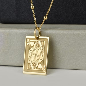 14K Solid Gold Queen of Hearts Necklace, Playing Card Pendant, Personalized Gift For Women, Dainty Queen Jewelry, Beaded Chain Necklace