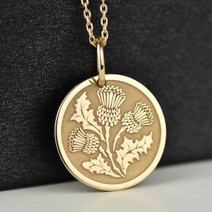 14K Solid Gold Thistle Necklace, Scottish Thistle Pendant, Celtic Thistle Jewelry, Personalized Thistle Charm, Symbolic Thistle Medallion