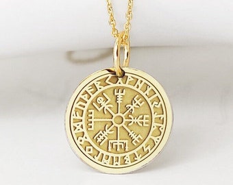 14K Solid Real Gold Vegvisir Compass Necklace, Gold Viking Compass Pendant, Viking Disc Charm, Nordic Compass Jewelry, Pagan Compass Pendant