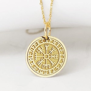 14K Solid Real Gold Vegvisir Compass Necklace, Gold Viking Compass Pendant, Viking Disc Charm, Nordic Compass Jewelry, Pagan Compass Pendant image 1