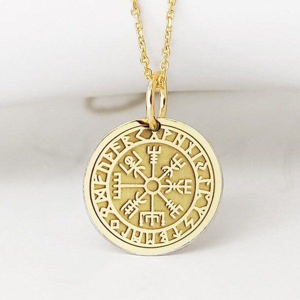 14K Solid Real Gold Vegvisir Compass Necklace, Gold Viking Compass Pendant, Viking Disc Charm, Nordic Compass Jewelry, Pagan Compass Pendant