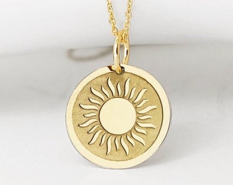 14K Solid Real Gold Sun Ketting, Gouden Sunburst Ketting, Sierlijke Sun Disc Sieraden voor vrouwen, Gelaagde Sun Hanger, Gepersonaliseerde Sun Charm