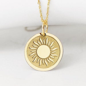 14K Solid Real Gold Sun Necklace, Gold Sunburst Necklace, Dainty Sun Disc Jewelry For Women, Layered Sun Pendant, Personalized Sun Charm