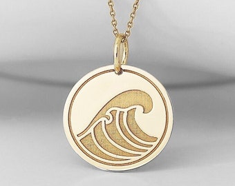 14K Real Solid Gold Wave Necklace, Gold Wave Pendant, Gold Disc Wave Charm, Custom Wave Choker Necklace, Beach Wave Jewelry, Wave Charm Gift
