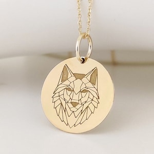 14K Solid Real Gold Wolf Necklace, Geometric Wolf Disc Pendant, Gold Wolf Head Coin Charm, Geometric Wolf Jewelry, Custom Wolf Gold Gift